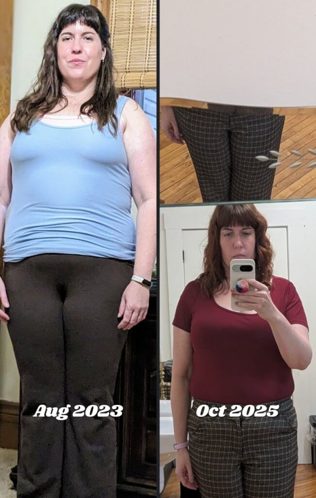 Postpartum Weight Loss: My Experiences and Struggles 2018 (Updated 2025) 6 selfie of Ish Mom Megan Imhoff from 2023 and 2025 showing weight loss