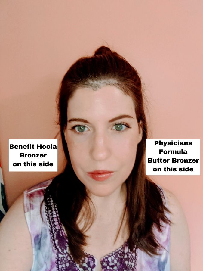 physicians formula butter bronzer swatch on one cheek, benefit hoola bronzer swatch on the other cheek